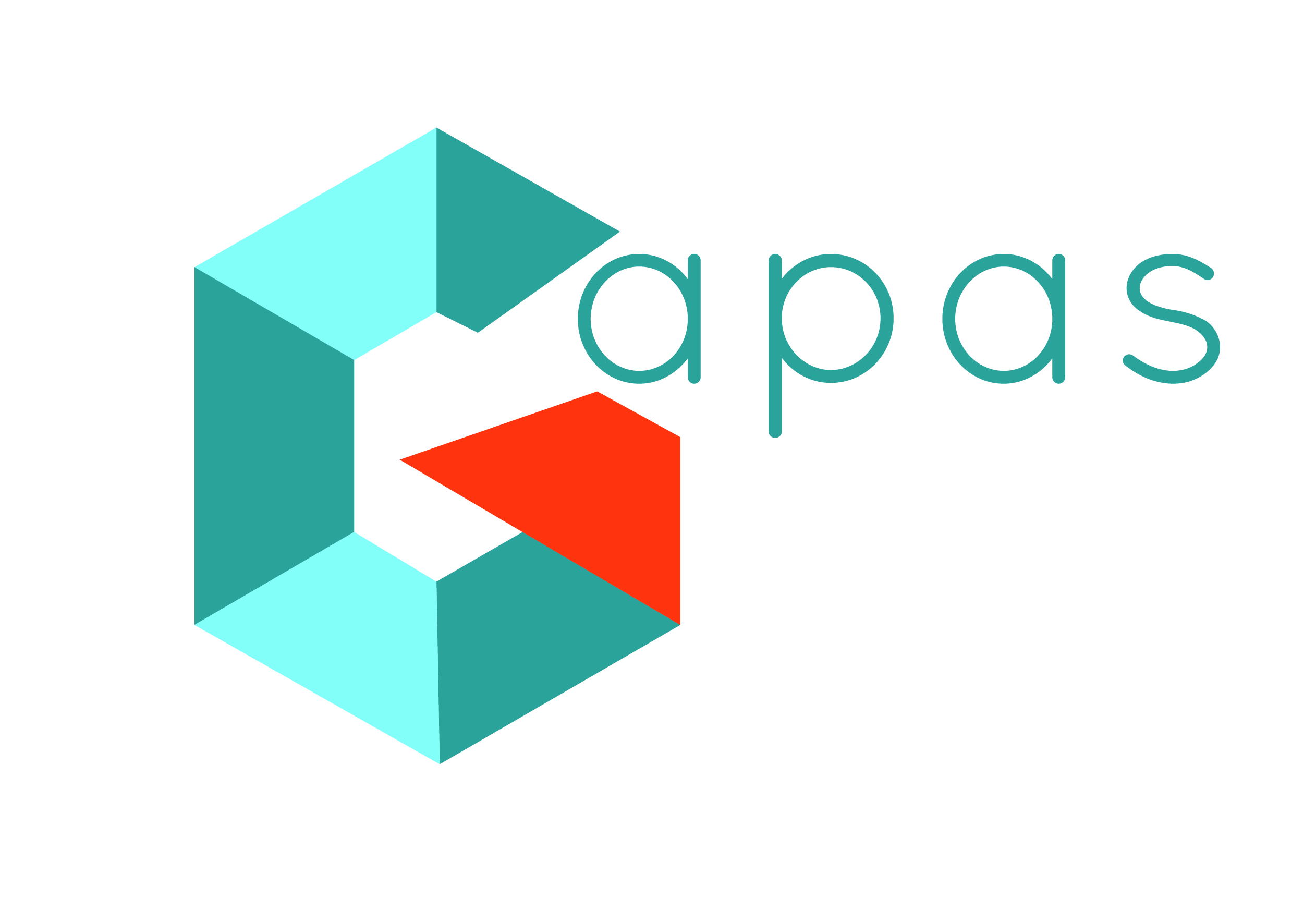 Logo dans les tons de turquoise et orange vif, illustrant le G du Gapas sous une forme évoquant un tangram, un assemblement de pièces formant un tout significatif. La police des lettres "apas" est ronde et douce.